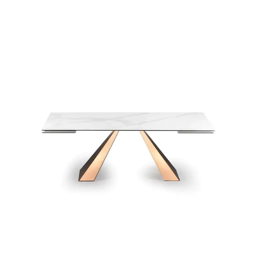 Superior Naos Delta extendable table with white marble tabletop and rose-gold toned metal legs in satin finish