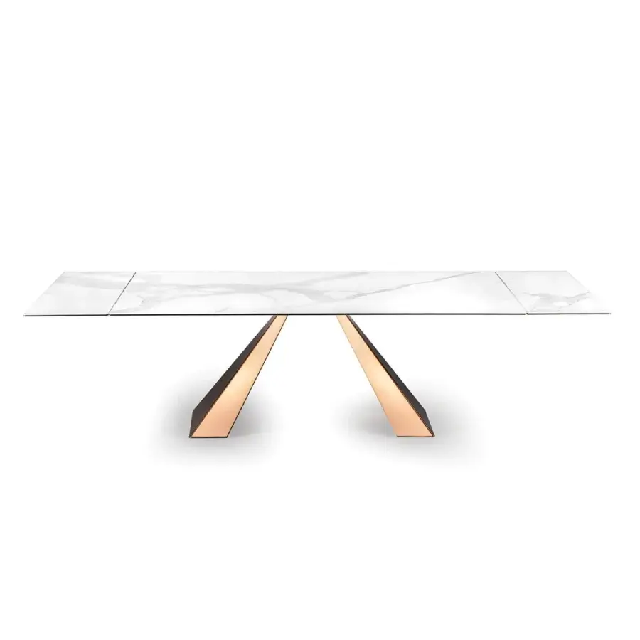 Elegant Naos Delta extendable table with white marble tabletop and rose-gold toned angled metal legs