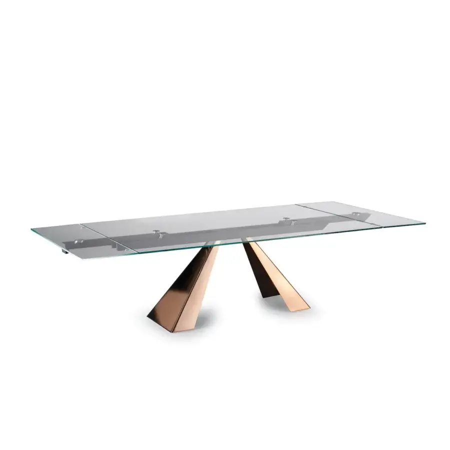 Captivating Naos Delta extendable table with a sleek glass top and striking chromed metal base