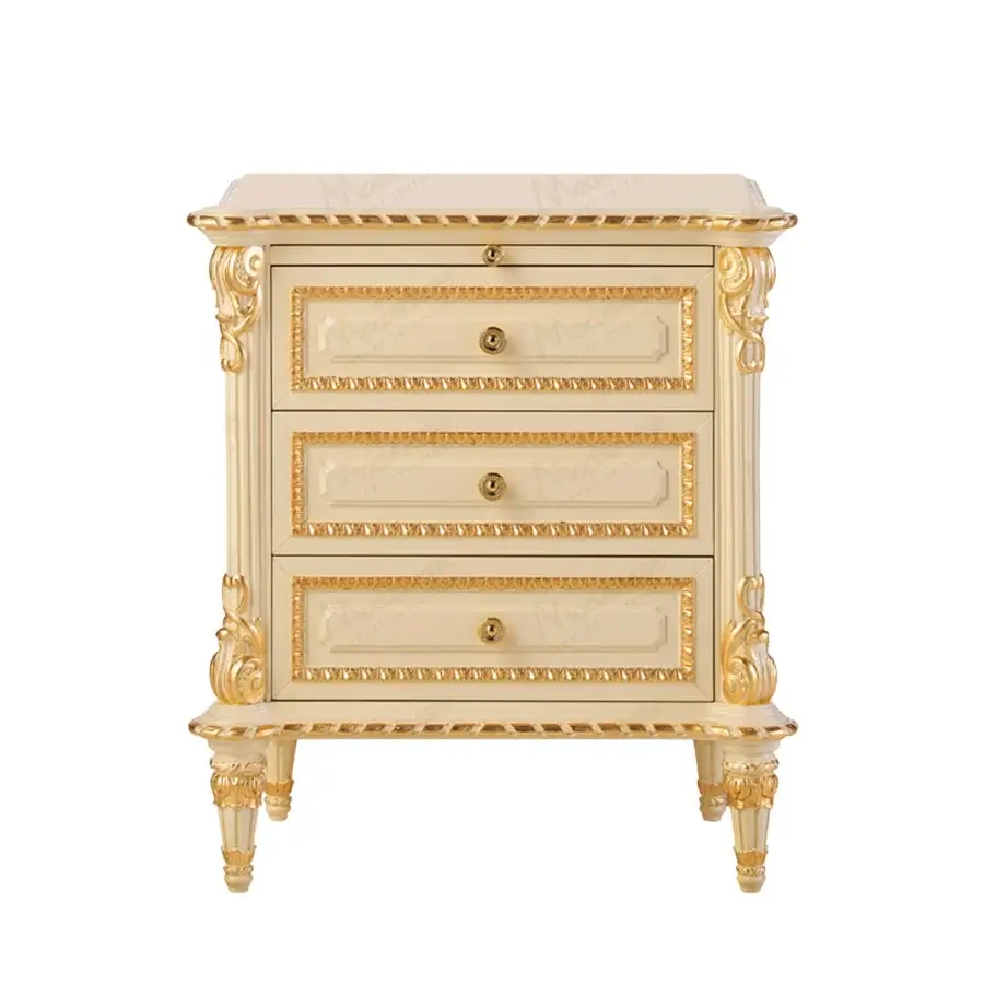 Lavish Modenese Golden Radiance nightstand crafted in wood with lustrous cream coating and ornate gold detailing