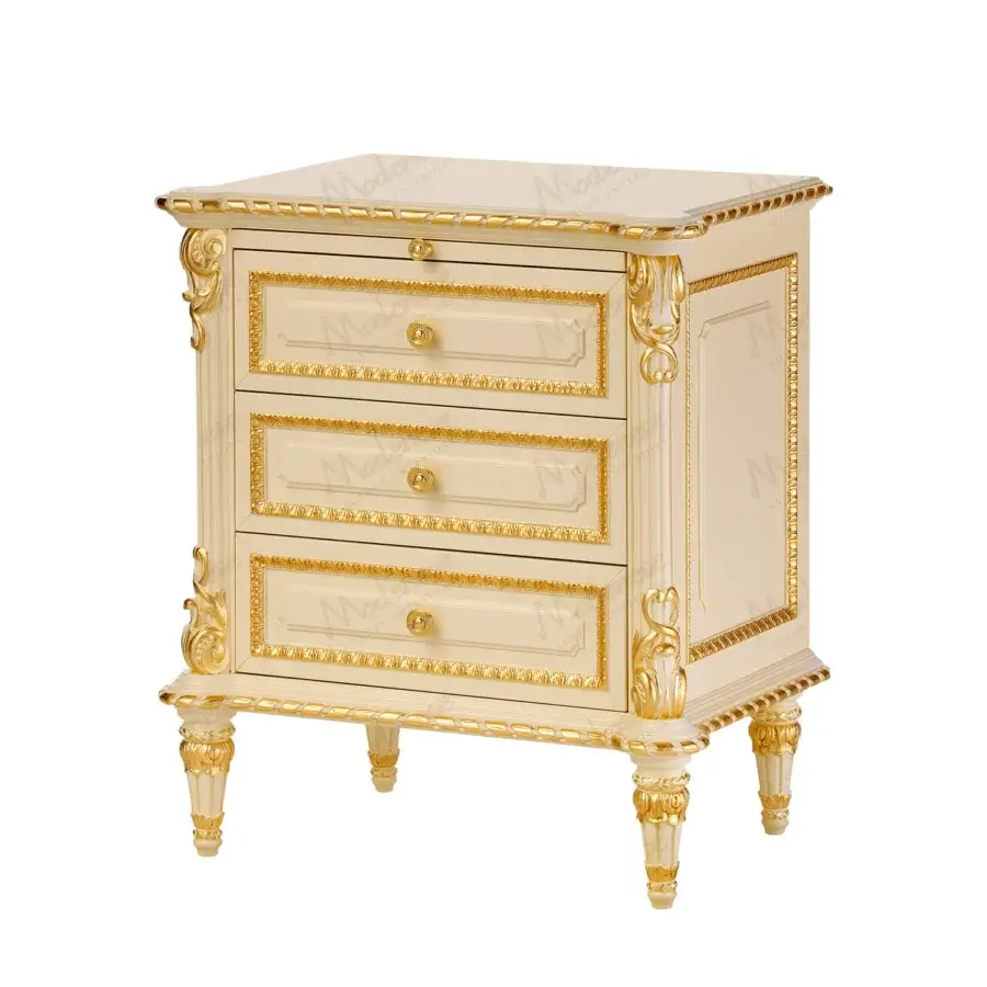 Superior Modenese Golden Radiance nightstand crafted in wood with glossy cream finish and sculpted gold detailing