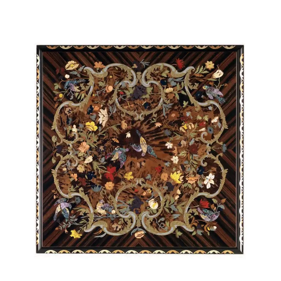 Lavish Armando Rho A1181 side table with walnut frame and ebony, turtle shell top crafted with floral inlays