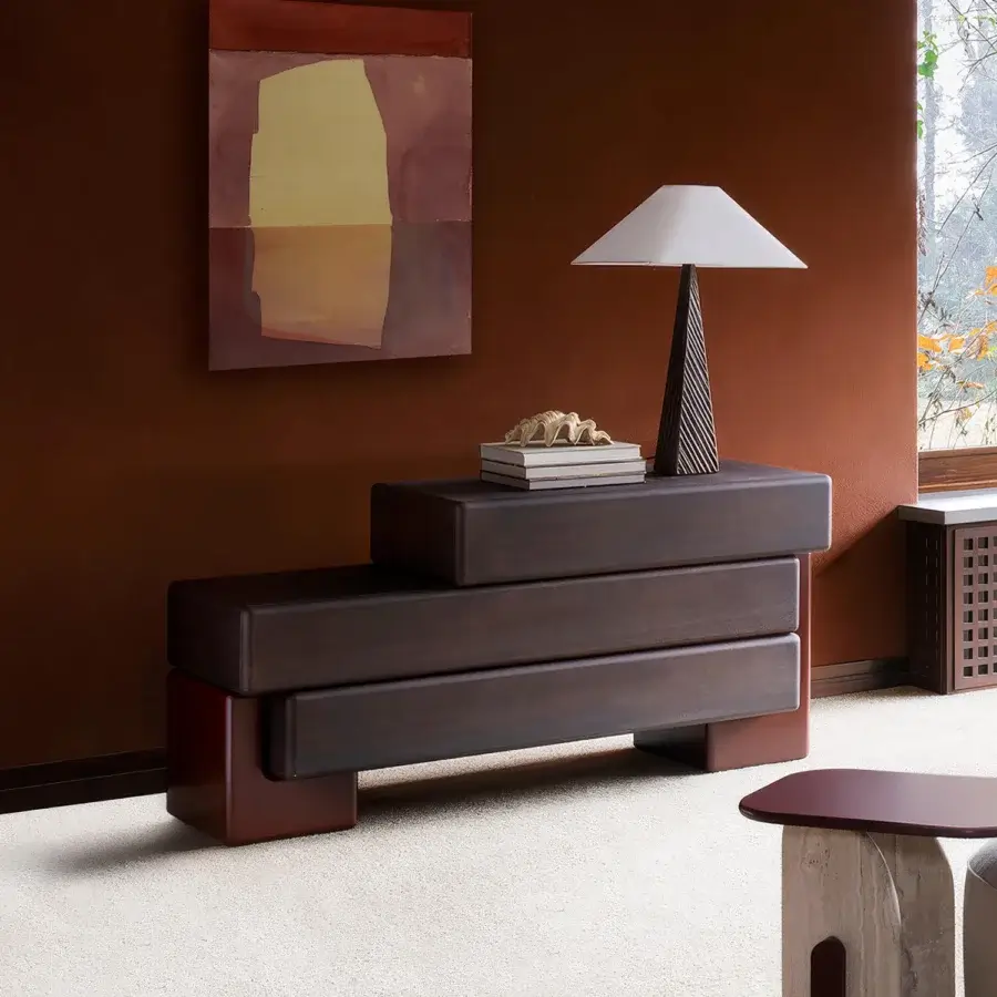 Superior Carpanese Home Brick D sideboard with asymmetrically stacked modules in dark brown lacquered wood and satin finish