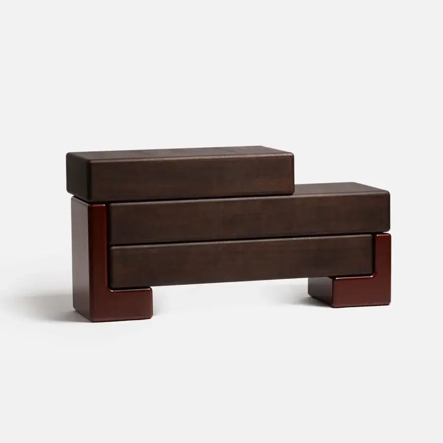 Elegant Carpanese Home Brick D sideboard crafted in dark brown lacquered wood with a matte texture and geometric volumes