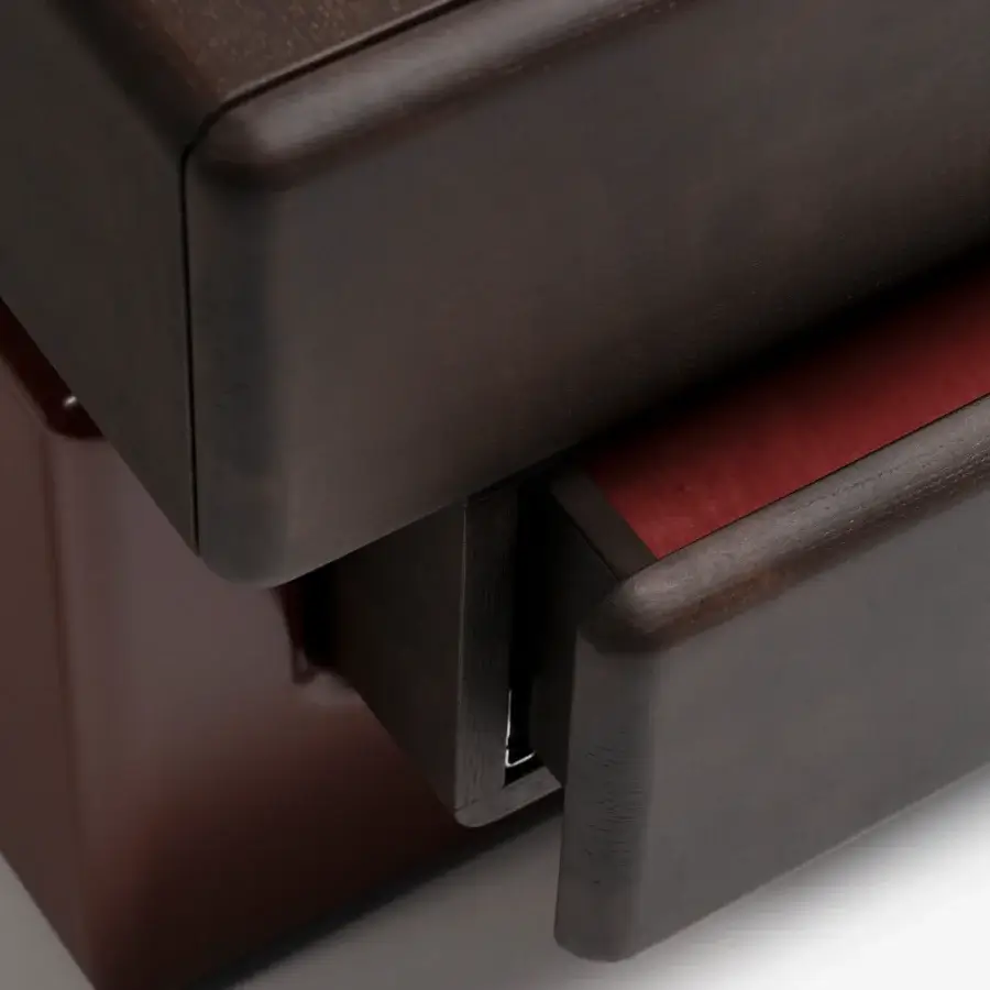 Elegant Carpanese Home Brick D sideboard crafted in dark brown lacquered wood with visible reddish undertones and geometric lines