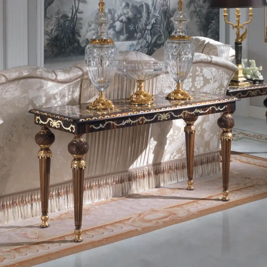 Distinguished Armando Rho A1182 console crafted in walnut solid with ebony and turtle shell insert, showcasing gilded metal accents and mother-of-pearl inlays
