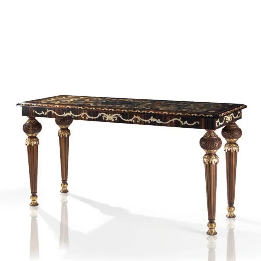 Exquisite Armando Rho A1182 console crafted in walnut solid with inlaid ebony and turtle shell, exhibiting a glossy dark brown finish