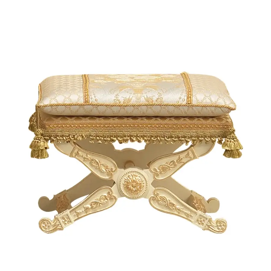 Superior Modenese Golden Radiance ottoman with sumptuous cream and gold damask fabric and glossy golden wood frame