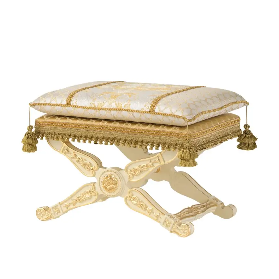 Distinguished Modenese Golden Radiance ottoman with lavish cream and gold damask fabric and ornate gilded wood base
