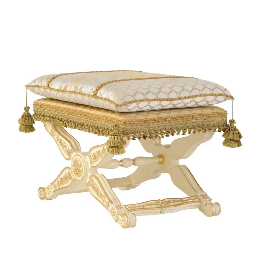 Exquisite Modenese Golden Radiance ottoman crafted with sumptuous cream and gold damask fabric upholstery and ornate carved detailing
