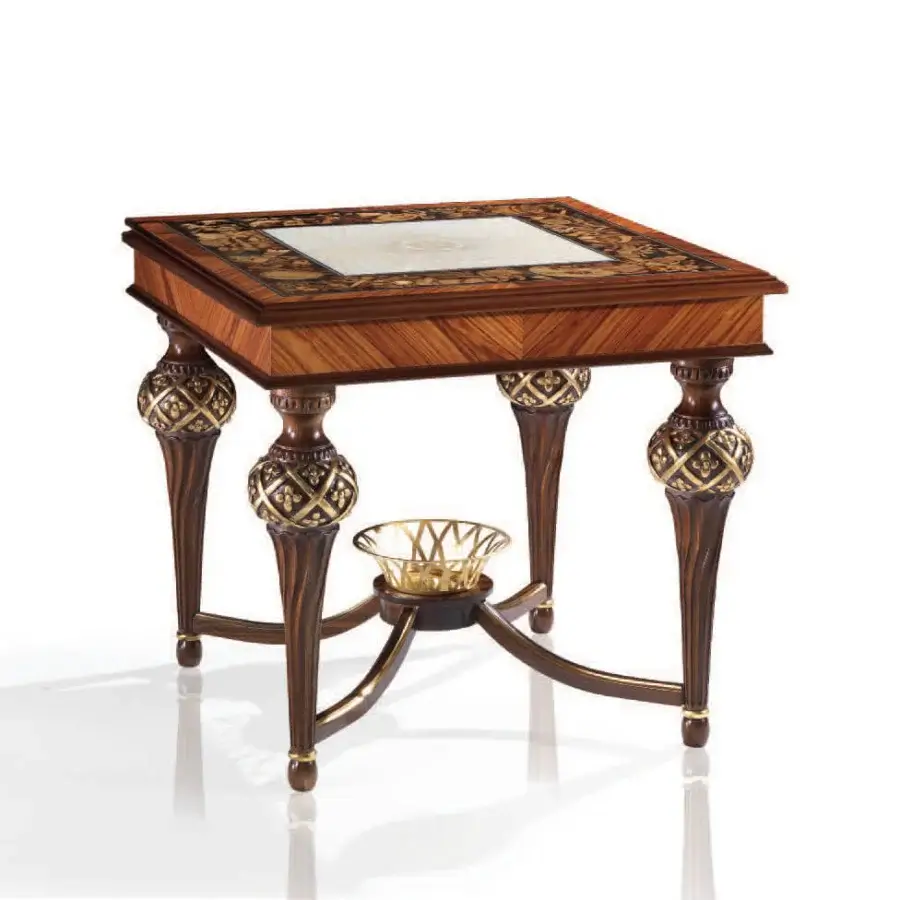 Distinguished Armando Rho A1147 side table with dark brown wood, white marble inlay and gilded accents in glossy finish