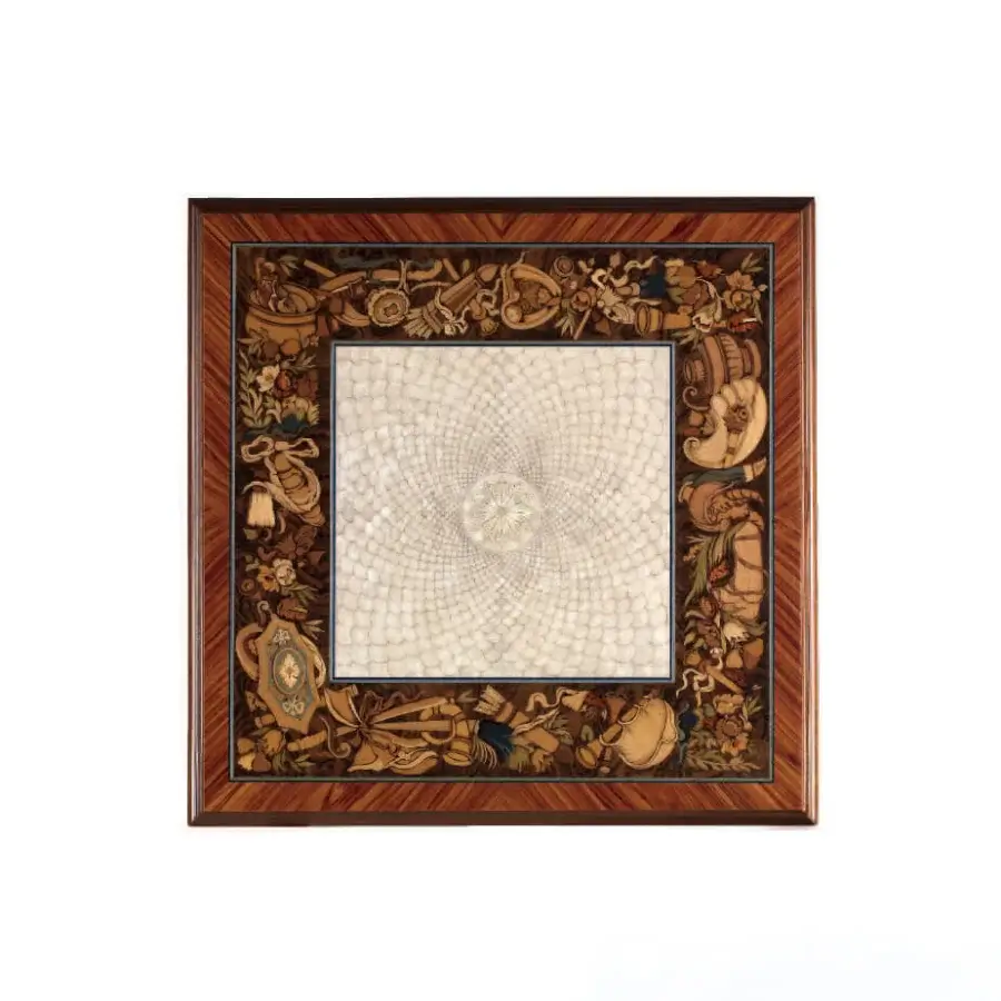 Exceptional Armando Rho A1147 side table crafted with bois de rose and walnut burl, showcasing mother-of-pearl inlay and glossy marquetry