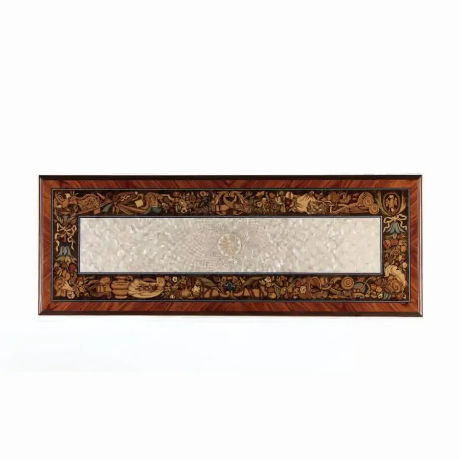 Lavish Armando Rho A1148 console handcrafted in bois de rose and walnut burl with a glossy finish and mother-of-pearl insert