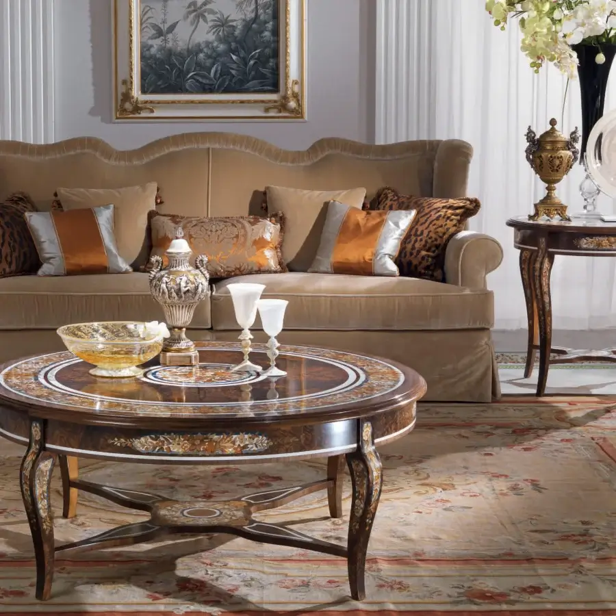 Exceptional Armando Rho A1184 coffee table crafted in walnut Persian burl with subtle inlays and glossy tabletop finish