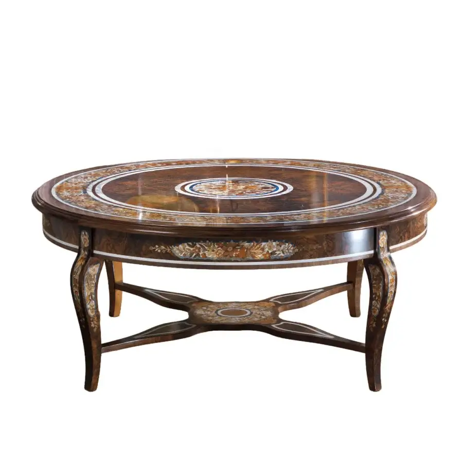 Superior Armando Rho A1184 coffee table crafted in walnut Persian burl with floral and geometric inlays and glossy finish