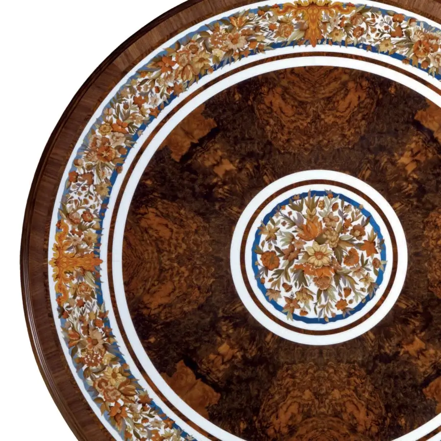 Lavish Armando Rho A1184 coffee table crafted in walnut Persian burl wood with floral inlays and satin finish