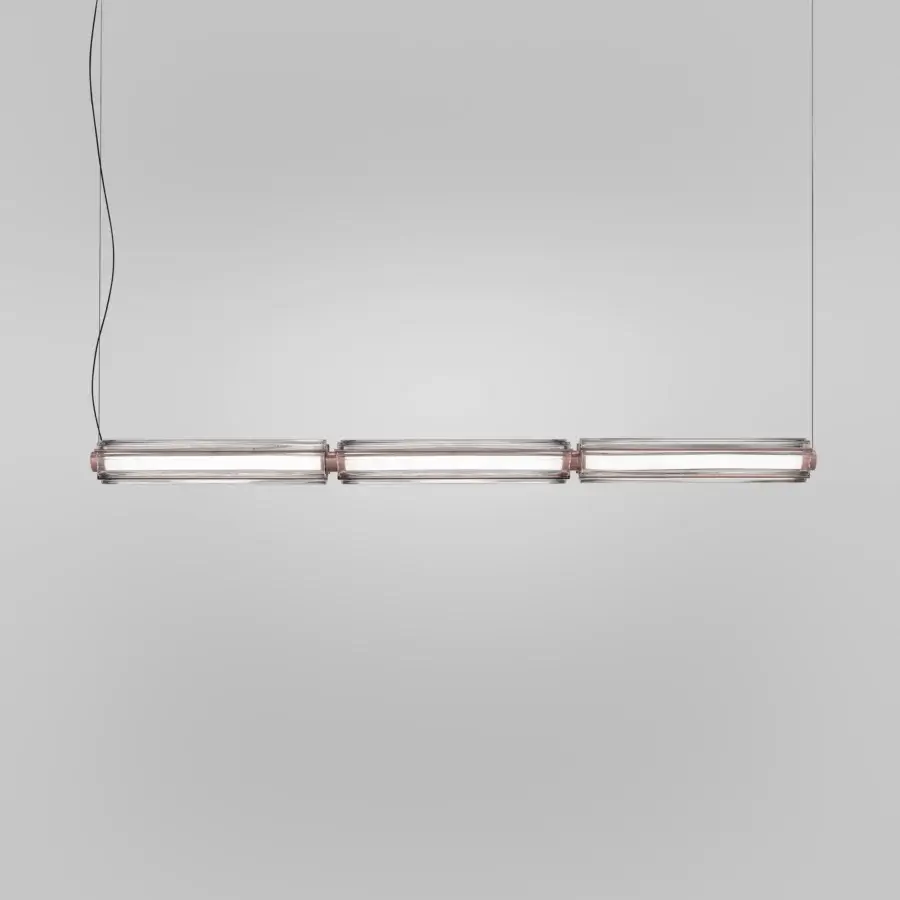 Elegant Vistosi Jeff Suspension Lamp crafted in Italy with elongated crystal elements and reddish-brown metallic components exhibiting a satin finish
