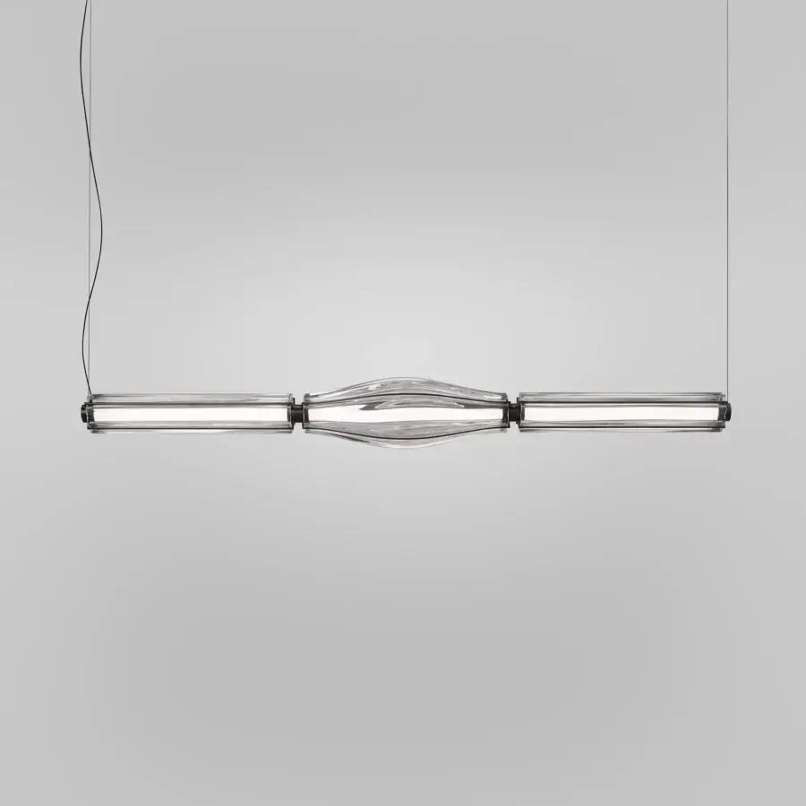 Superior Vistosi Jeff Suspension Lamp crafted in Italy with elongated crystal elements and dark matte metal end caps