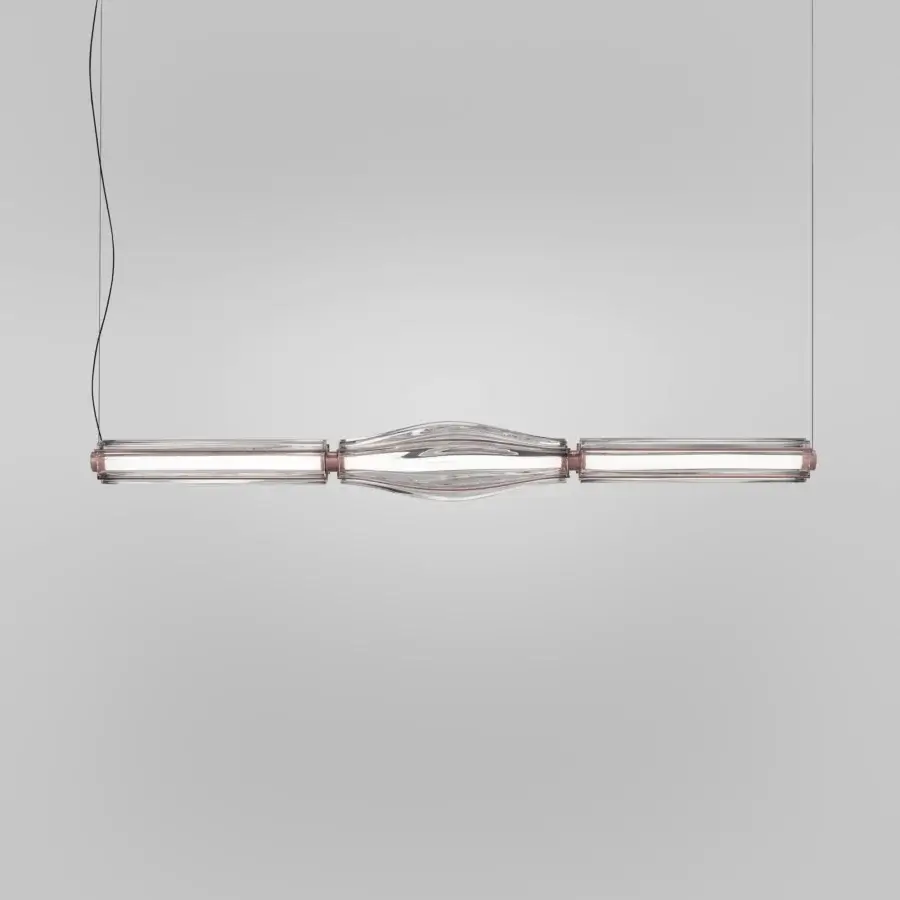Elegant Vistosi Jeff Suspension Lamp crafted in clear glass and brushed metal with dynamic lines and rigadin ribbing