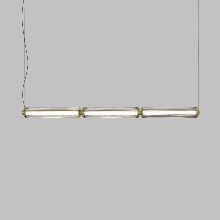Distinguished Vistosi Jeff Suspension Lamp crafted in Italy with elongated crystal elements and satin gold finish