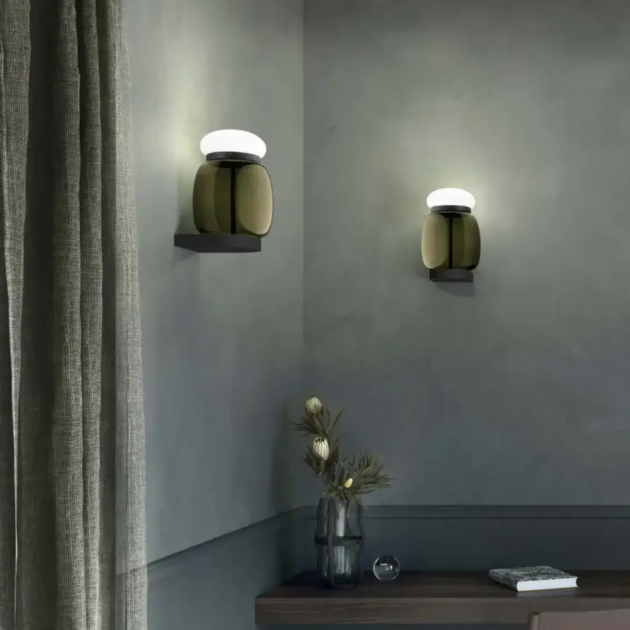Superior Vistosi Faro wall lamp crafted in Italy with metal and colored glass in dark gray-black with an olive-green accent