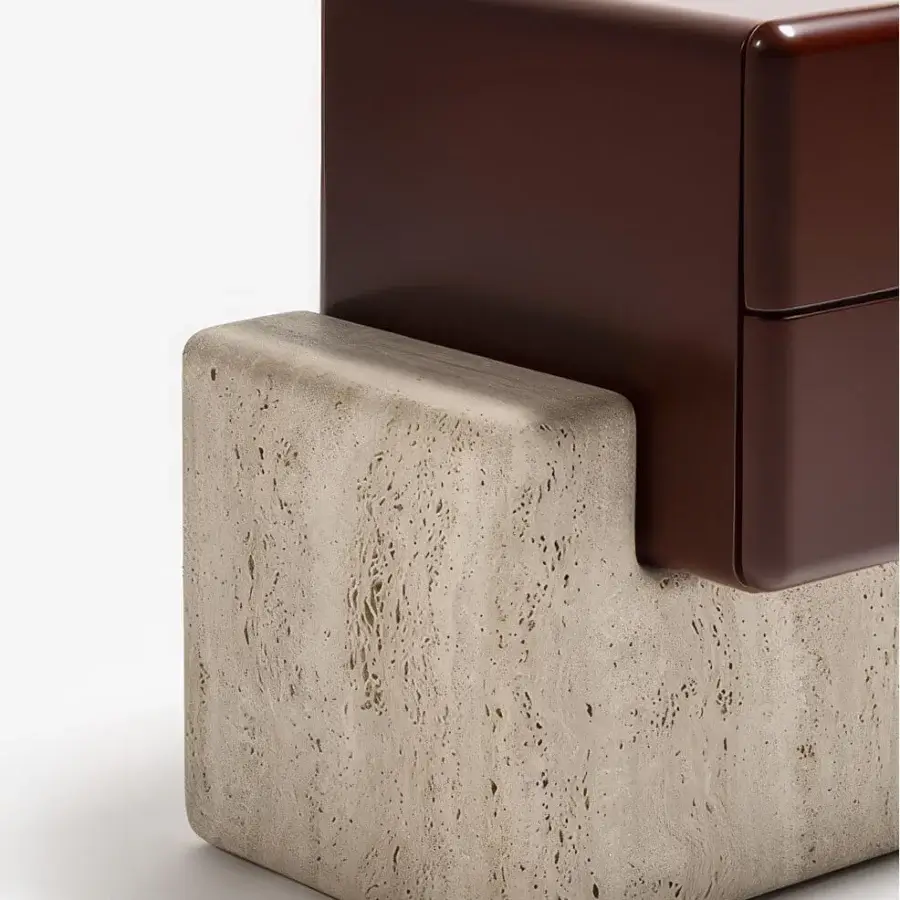 Architectural Carpanese Home Brick N nightstand with textured base and glossy dark reddish-brown cubic volume built in silky finishes