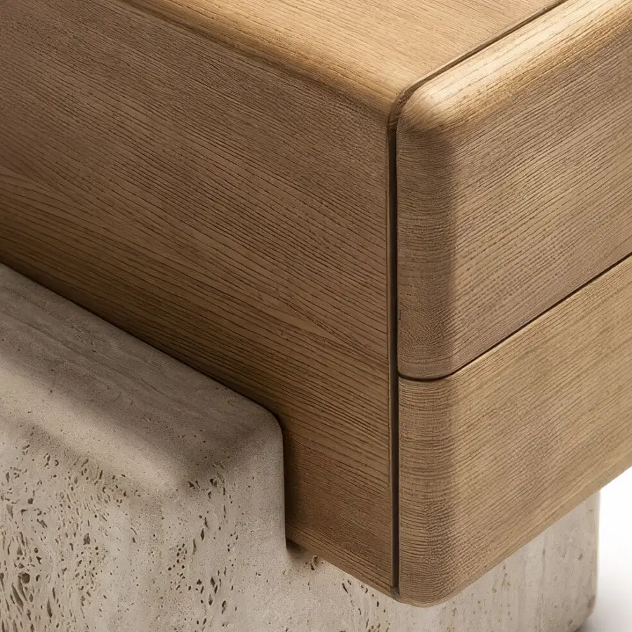 Elegant Carpanese Home Brick N nightstand with light wood volume floating over textured concrete and silky finish