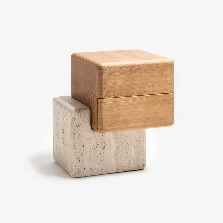 Distinguished Carpanese Home Brick N nightstand with staggered modules in golden-brown wood grain and a light, stone-like base