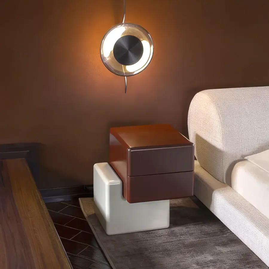 Elegant Carpanese Home Brick N nightstand with a reddish-brown glossy drawer and bright white matte lacquered base
