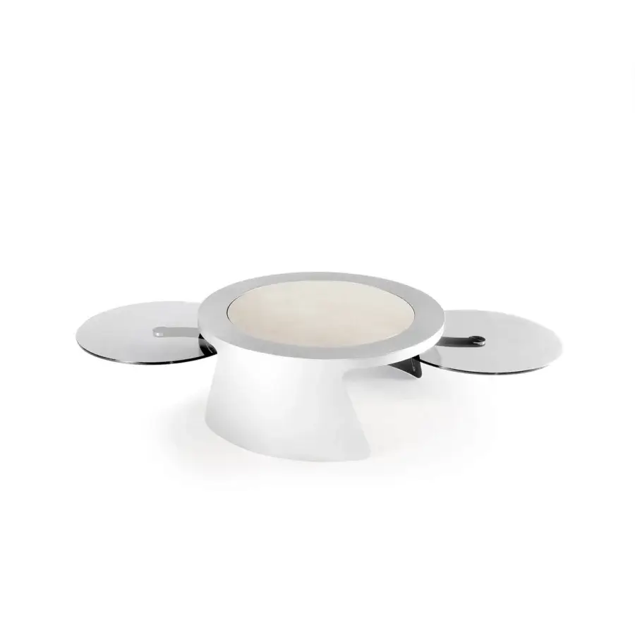 Exceptional Discovery coffee table with a creamy white ceramic stone top and bright silver painted frame showcasing a glossy finish