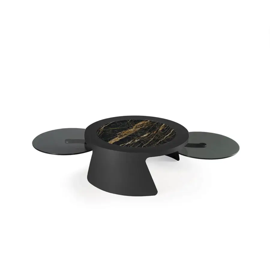 Distinguished [Brand] Discovery coffee table with a round ceramic stone top exhibiting gold and black marbling in a matte black painted frame