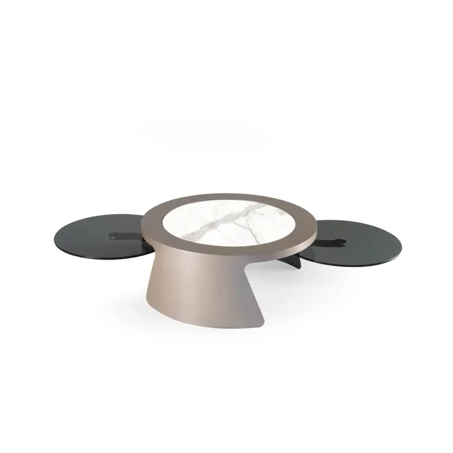 Elegant [Brand] Discovery coffee table with a round ceramic stone tabletop and contrasting dark-toned glass extensions exhibiting a polished finish