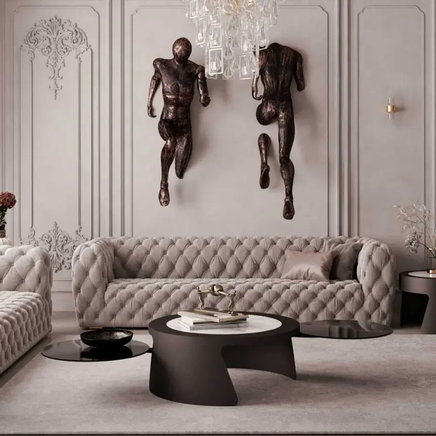 Distinguished Discovery coffee table crafted with ceramic stone upper and lower surfaces, exhibiting an innovative rotating painted frame