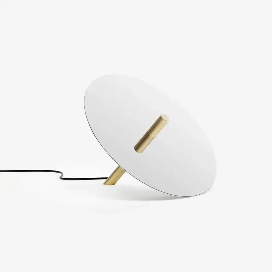 Superior Luceplan Millimetro lamp with a smooth white disc and brass finish offering indirect illumination