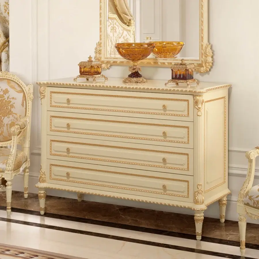 Lavish Modenese Golden Radiance dresser crafted in Italy with curved lines and gold detailing in a glossy cream coating