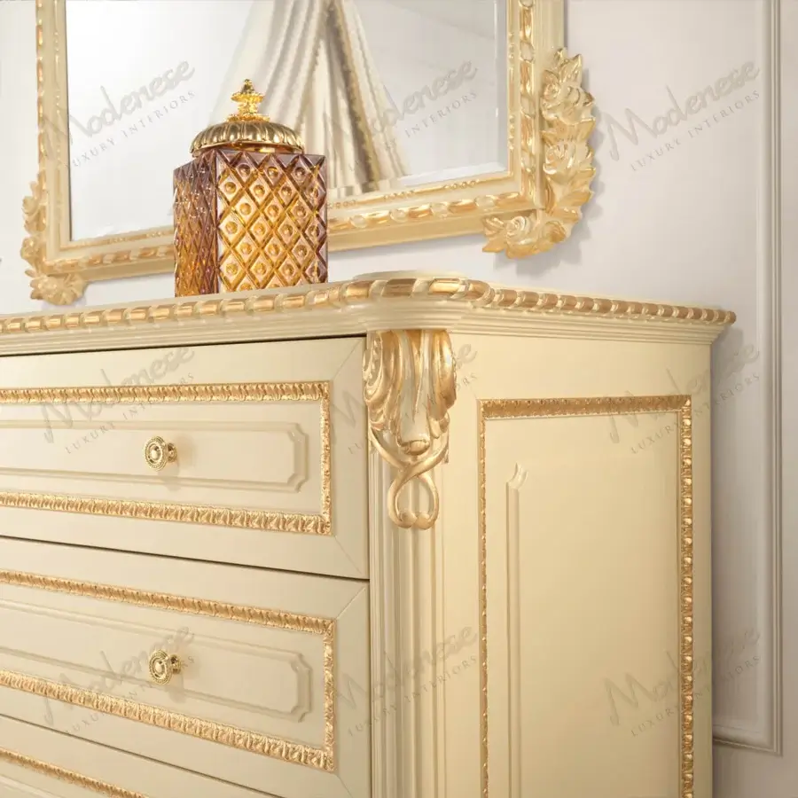 Distinguished Modenese Golden Radiance dresser crafted in Italy with lustrous satin off-white and extensive gold detailing
