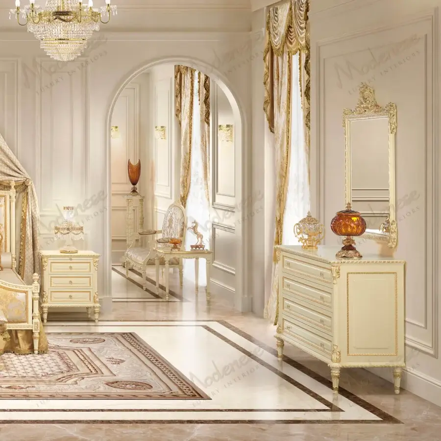 Exceptional Modenese Golden Radiance dresser crafted with gilded hardware, sculpted floral motifs and a glossy off-white finish