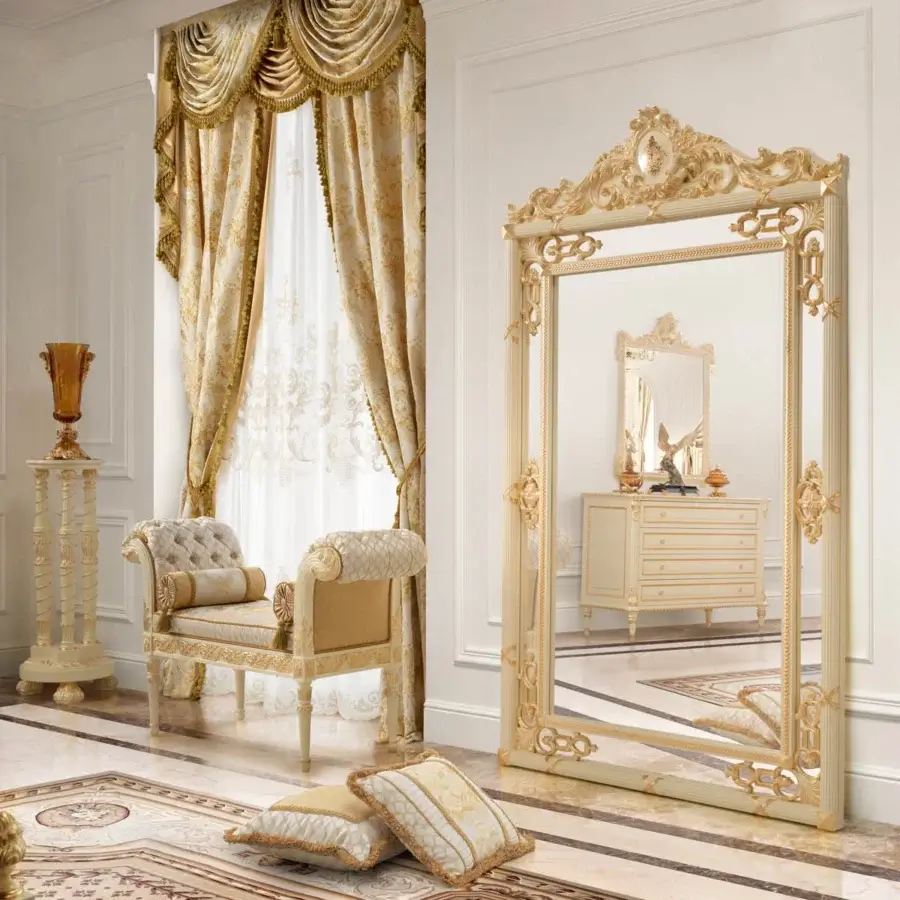 Superior Modenese Golden Radiance dresser crafted in Italy with pale gold finish and carved floral detailing