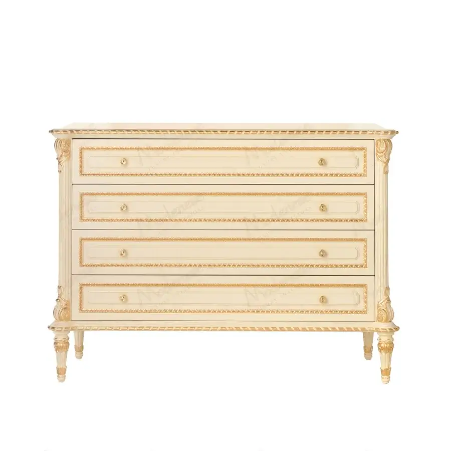 Lavish Modenese Golden Radiance dresser crafted in Italy with lustrous satin and gilded detailing across four drawers