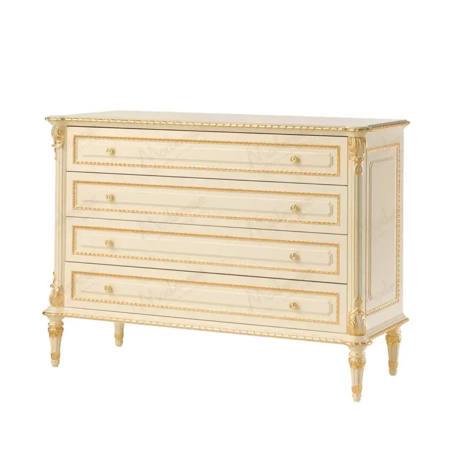 Distinguished Modenese Golden Radiance dresser crafted in Italy with gilded detailing and lustrous satin off-white finish