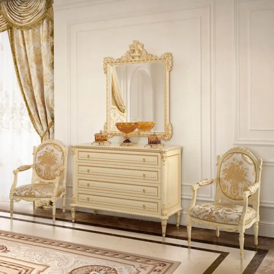 Exquisite Modenese Golden Radiance dresser crafted in Italy with ornate floral motifs and radiant gold finish