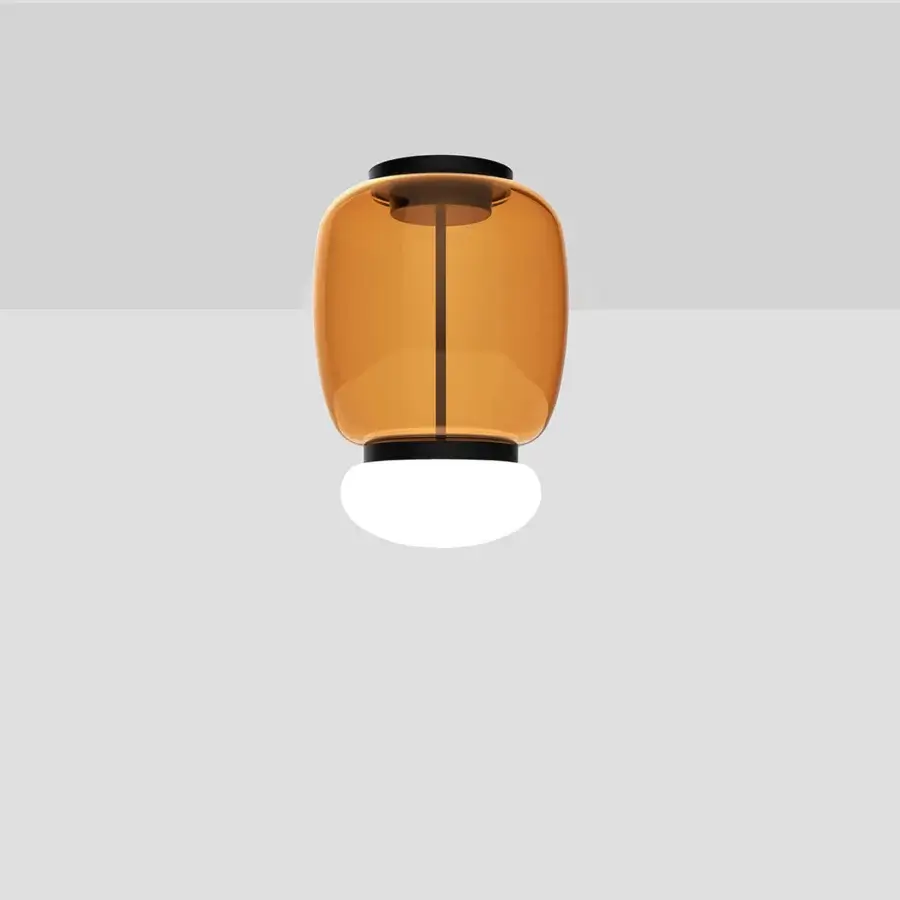 Exceptional Vistosi Faro ceiling lamp with hand-blown glass and glossy white diffuser crafted in warm amber tones