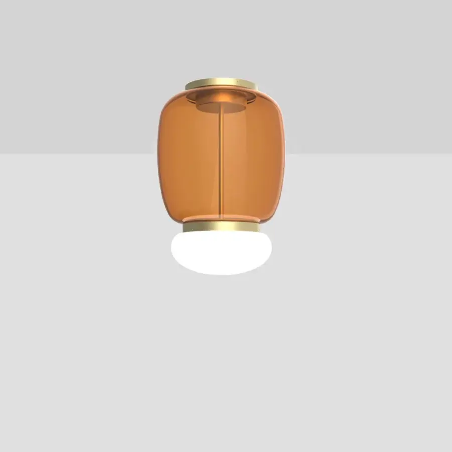 Superior Vistosi Faro ceiling lamp with hand-blown glass in warm amber and bright white with a satin gold-toned metal ring