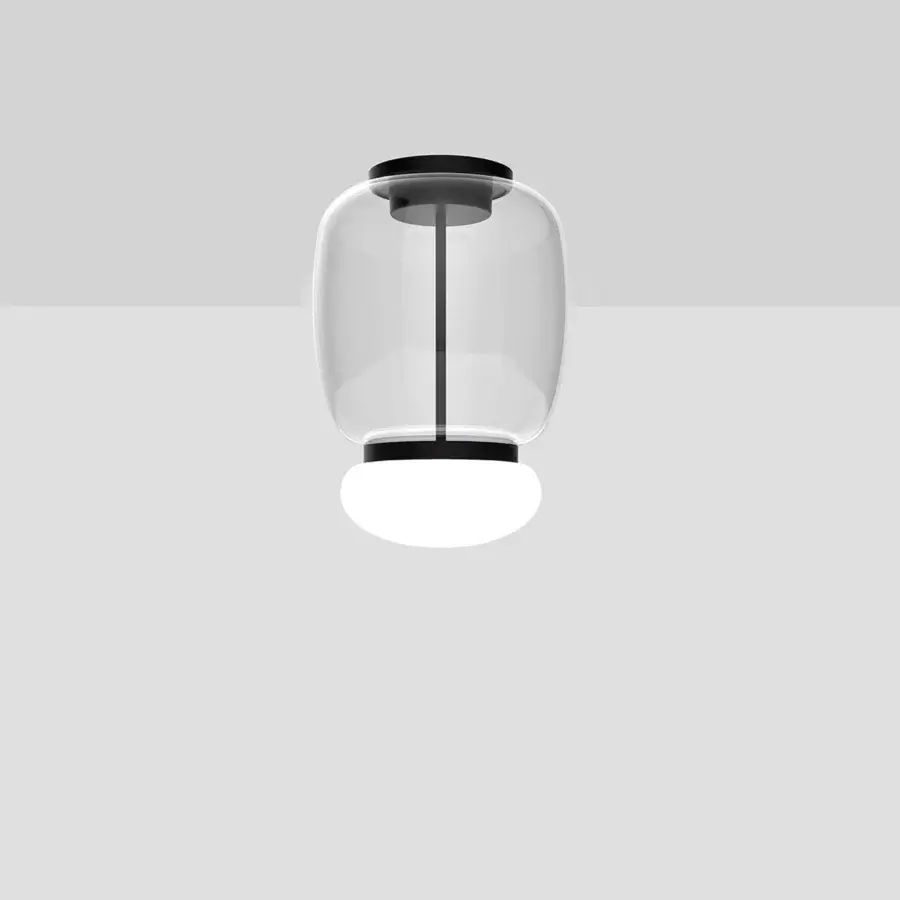 Harmonious Vistosi Faro ceiling lamp with hand-blown glass and glossy black metal support crafted in Italy