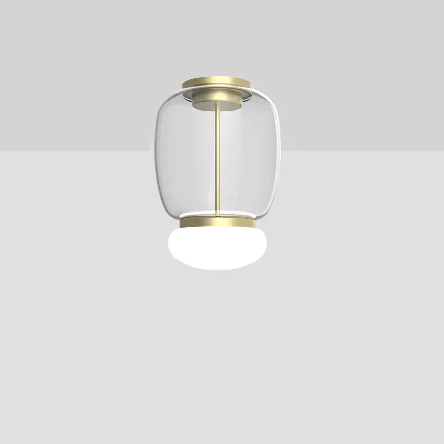 Distinguished Vistosi Faro ceiling lamp crafted in hand-blown glass with a polished gold-toned metal ring and glossy white inner sphere