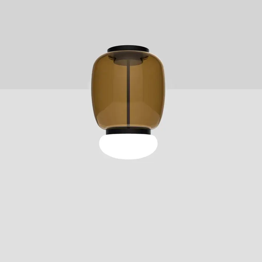 Exceptional Vistosi Faro ceiling lamp crafted in hand-blown glass with a glossy white diffuser and central metal ring