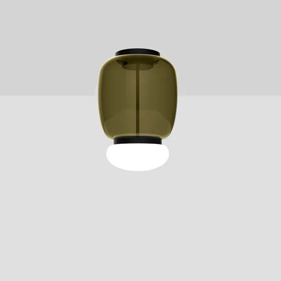Elegant Vistosi Faro ceiling lamp handcrafted in translucent olive-green tinted glass with a glossy white diffuser and sleek black metal ring