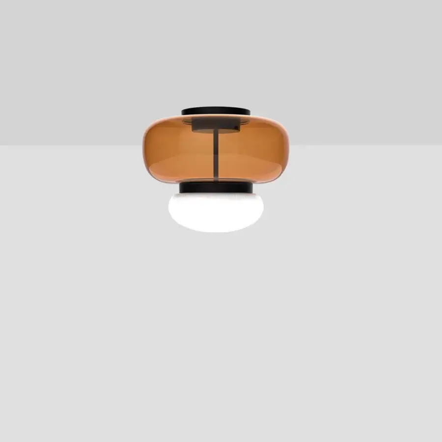 Architectural Vistosi Faro ceiling lamp handcrafted in transparent amber-toned glass with a glossy white sphere and matte black metal ring