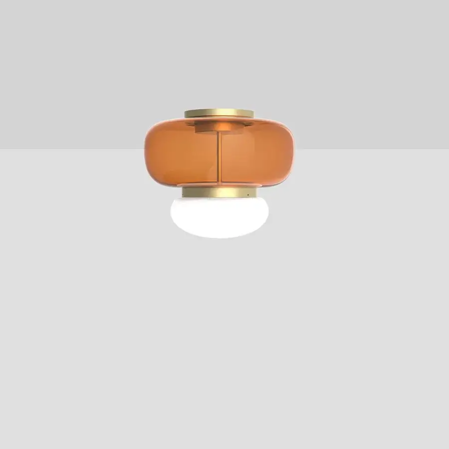 Superior Vistosi Faro ceiling lamp handcrafted in translucent amber orange glass with a glossy white sphere and satin metal