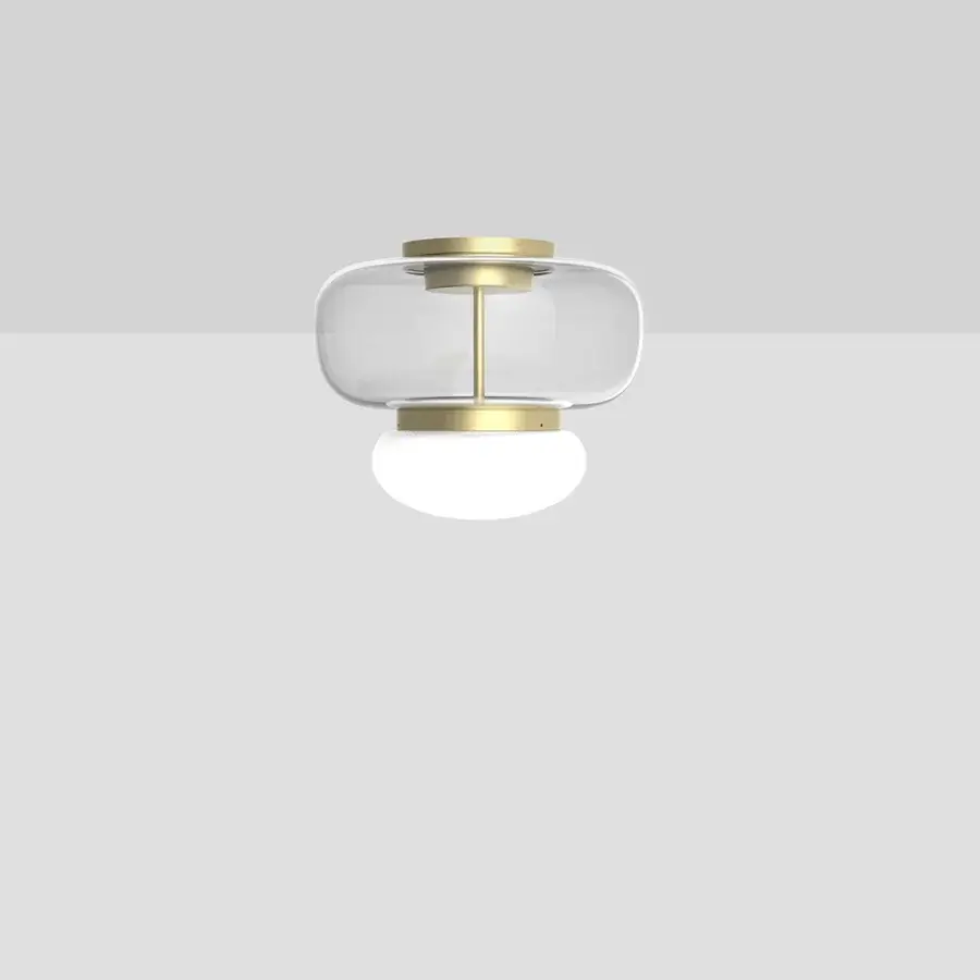 Elegant Vistosi Faro ceiling lamp with hand-blown glass and glossy white diffuser unified by a brass-toned metal ring